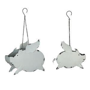 Metal Distressed White Flying Pig Hanging Planter Set Large & Small Flower Pots